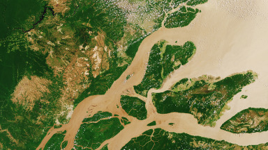 Satellitenaufnahme vom Amazonas an der Mündung zum Atlantischen Ozean.
